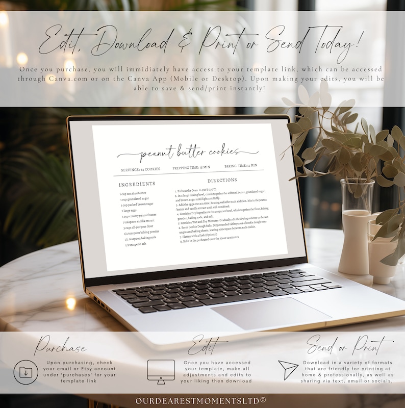 May include: A laptop computer screen displaying a printable recipe for peanut butter cookies. The recipe includes ingredients, directions, and serving size. The screen is surrounded by a white background with the words "Edit, Download & Print or Send Today!" at the top.