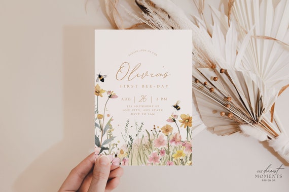 First Bee Day Birthday Invitation 1st Bee-Day Party Invite First Birthday Boho Invitation Bumble Bee Invite 1st Birthday Invite for Girl