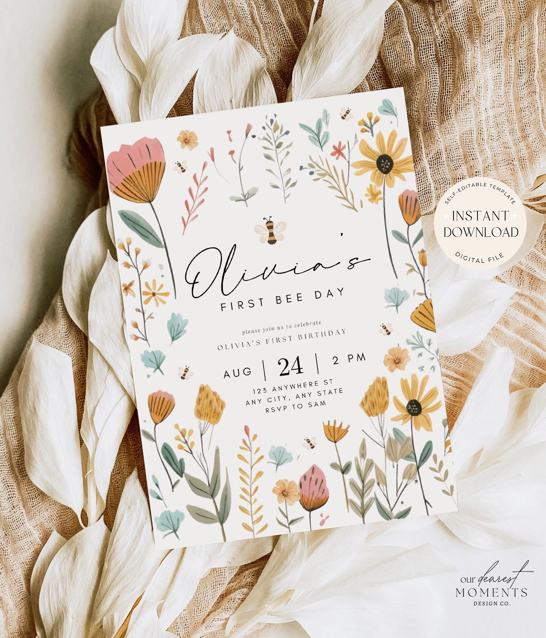 First Bee Day Birthday Invitation 1st Bee-Day Party Invite First Birthday Boho One Year Old Bumble Bee Invite 1st Birthday Invite for Girl