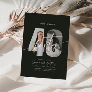 May include: Black birthday invitation card with the text "Look Who's 40". The number 40 is stylized with a photo of a man and a child. The invitation includes the text "Jason's 40th Birthday".