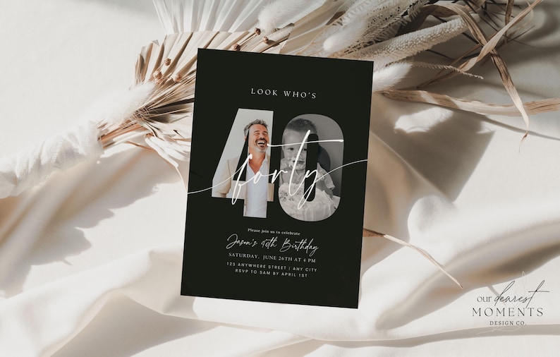 May include: Black birthday invitation card with the text "Look Who's 40". The number 40 is stylized with a photo of a man and a child. The invitation includes the text "Jason's 40th Birthday".