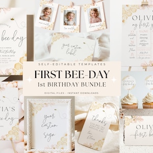 First Bee Day Bundle First Bee-Day Birthday Package 1st Birthday Bundle for Girl Bumble Bee First Birthday Party Package Boho Invitation