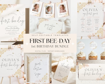 First Bee Day Bundle First Bee-Day Birthday Package 1st Birthday Bundle for Girl Bumble Bee First Birthday Party Package Boho Invitation