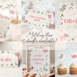 K&ouml;nnte beinhalten: Ein Set bedruckbarer Dinosaurier-Partydekorationen in Rosa, Gr&uuml;n und Braun mit einem Regenbogen- und Blumenmuster. Das Set enth&auml;lt ein Willkommenszeichen, Cupcake-Topper, Geschenkanh&auml;nger und ein Etikett mit der Aufschrift "Olivia's Birthday".