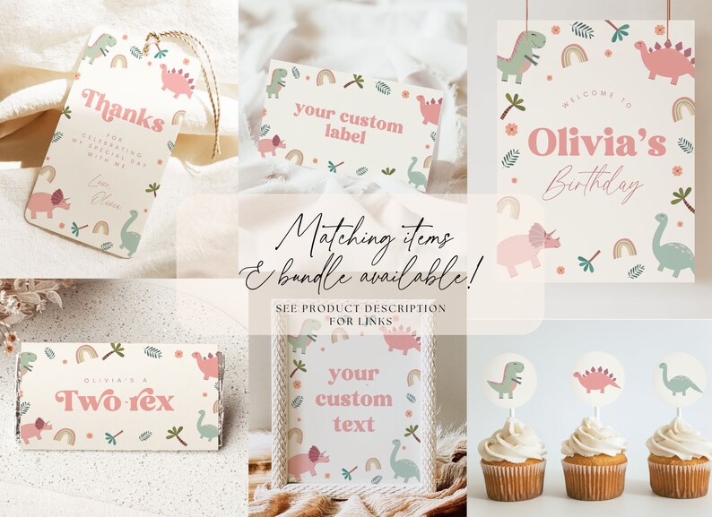 K&ouml;nnte beinhalten: Ein Set bedruckbarer Dinosaurier-Partydekorationen in Rosa, Gr&uuml;n und Braun mit einem Regenbogen- und Blumenmuster. Das Set enth&auml;lt ein Willkommenszeichen, Cupcake-Topper, Geschenkanh&auml;nger und ein Etikett mit der Aufschrift "Olivia's Birthday".