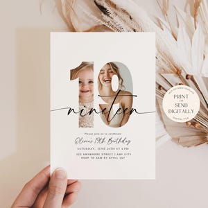 May include: A white printable invitation with a photo of two people in the number 19. The text reads "Please join us to celebrate Olivia's 19th Birthday, Saturday, June 24th at 4 PM, 123 Anywhere Street, Any City, RSVP to Sam by April 1st".