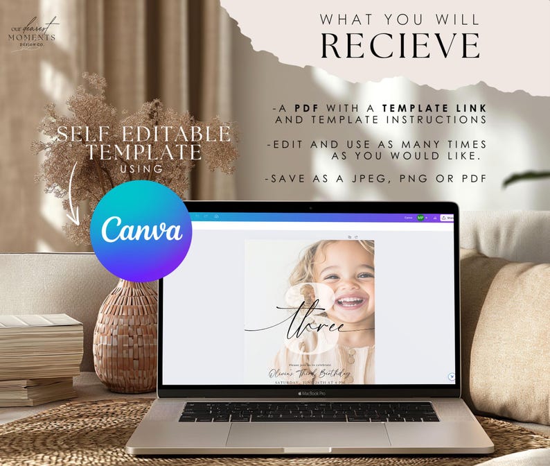 May include: A laptop screen displaying a Canva design template for a birthday invitation. The template features a photo of a young girl with the text "three" and "Turns Three Birthday".