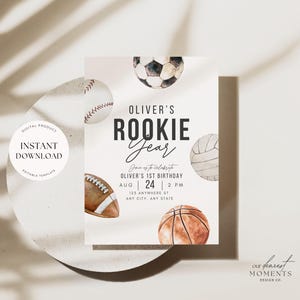 May include: A white invitation with a watercolor illustration of various sports balls, including a baseball, soccer ball, basketball, and volleyball. The text "Oliver's Rookie Year" is in black text with a white background. The invitation is for Oliver's 1st birthday party on August 24th at 2 PM. The address is 125 Anywhere St, Any City, Any State.