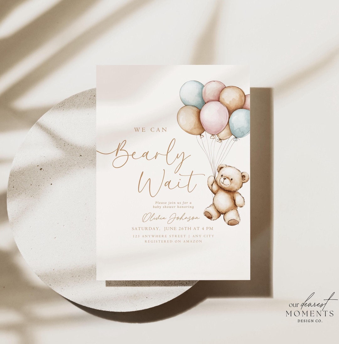 Editable We Can Bearly Wait Baby Shower Invitation Teddy Bear Baby ...
