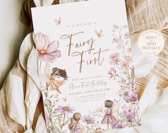 May include: A printable invitation for a first birthday party with a fairy theme. The invitation features a watercolor illustration of fairies in a garden with pink flowers and butterflies. The text on the invitation reads "It's Olivia's Fairy First" and includes details about the party, such as the date, time, and location.