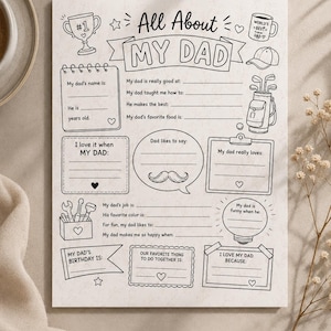 Puede incluir: Un cuestionario imprimible en blanco y negro "All About My Dad". El dise&ntilde;o incluye espacios para completar informaci&oacute;n sobre un padre, con ilustraciones de un trofeo, una taza de caf&eacute;, una bolsa de golf y herramientas.