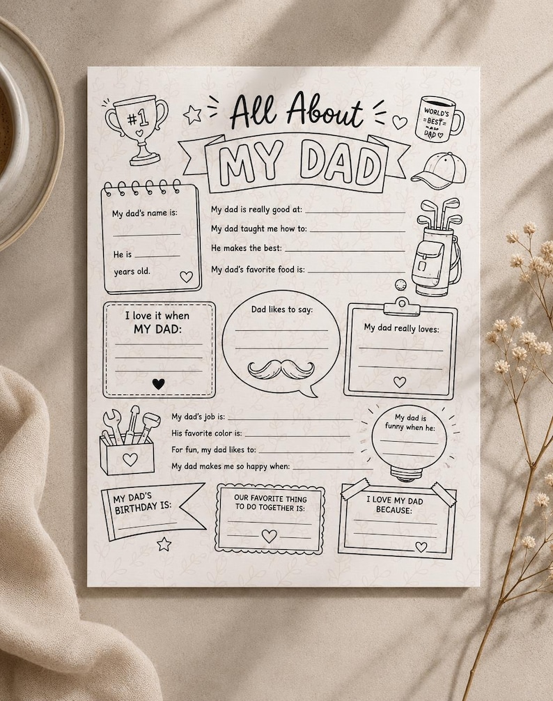 Puede incluir: Un cuestionario imprimible en blanco y negro "All About My Dad". El dise&ntilde;o incluye espacios para completar informaci&oacute;n sobre un padre, con ilustraciones de un trofeo, una taza de caf&eacute;, una bolsa de golf y herramientas.
