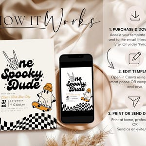 May include: Editable digital invitation for a first birthday party with a spooky theme. The invitation features a ghost on a skateboard with a checkered background and the text "One Spooky Dude".