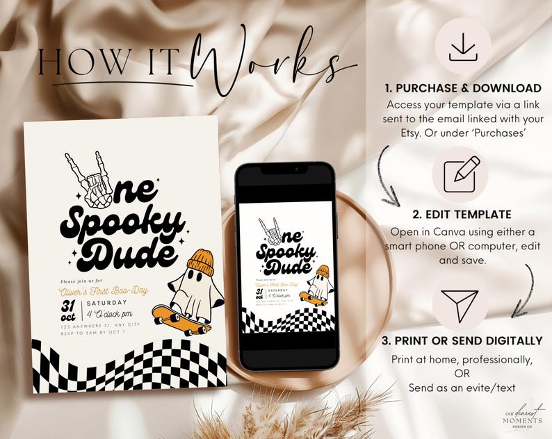 May include: Editable digital invitation for a first birthday party with a spooky theme. The invitation features a ghost on a skateboard with a checkered background and the text "One Spooky Dude".