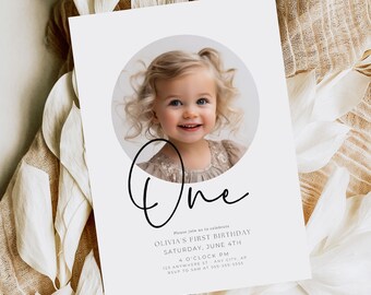 Editable First Birthday Invitation Minimalist Boho 1st Birthday for Girls First Birthday Invitation 1st Birthday Invitation with Picture