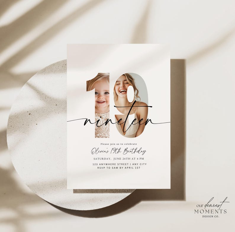 May include: A white invitation card with a black number 19 and the word "nineteen" in cursive script. The number 19 has two photos of people inside it. The text on the card reads "Please join us to celebrate Olivia's 19th Birthday, Saturday, June 26th at 4 PM, 123 Anywhere Street | Any City, RSVP to Sam by April 1st". The bottom of the card reads "our dearest MOMENTS DESIGN CO."