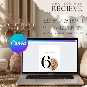 May include: A laptop displaying a digital template with the text "Look Who's 6". The screen shows a woman's photo inside the number 6. The image also includes text about a self-editable template using Canva.