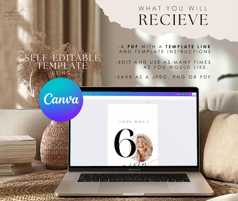 May include: A laptop displaying a digital template with the text "Look Who's 6". The screen shows a woman's photo inside the number 6. The image also includes text about a self-editable template using Canva.