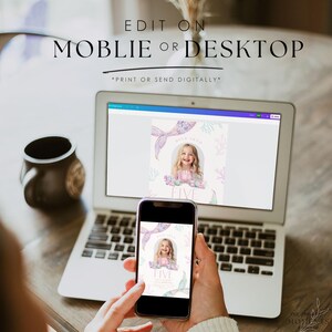 May include: A laptop and a smartphone displaying a digital invitation with a mermaid illustration and the text "Make a wish it's five". The invitation is customizable and can be edited on a mobile device or desktop.