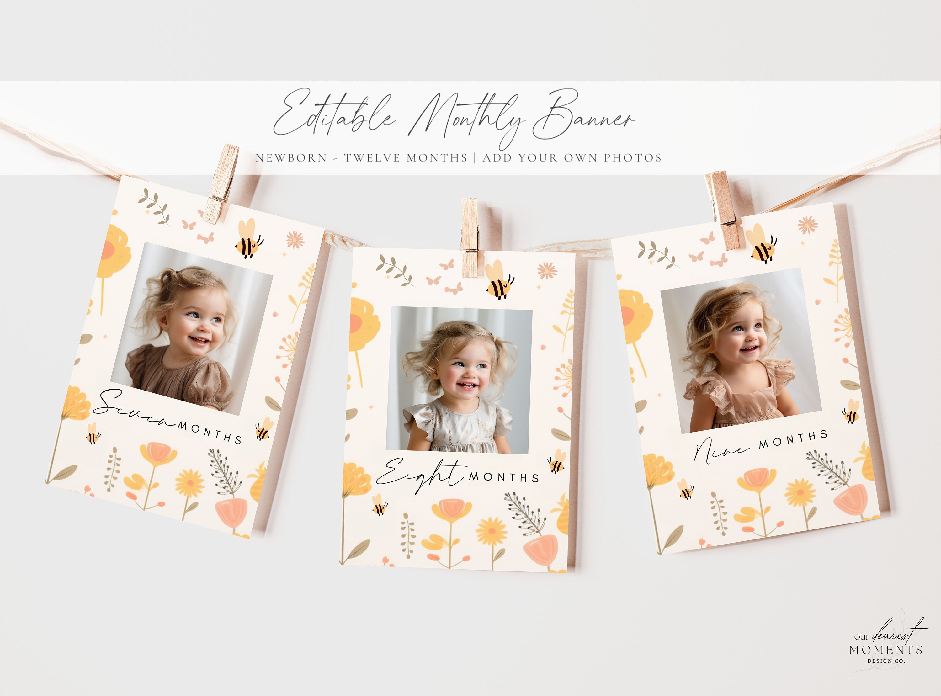 Editable First Bee Day Birthday Party Monthly Banner Magical Bumble Bee Birthday Newborn-12 Month Photo Banner, 1 Year Old Photo Banner Boho