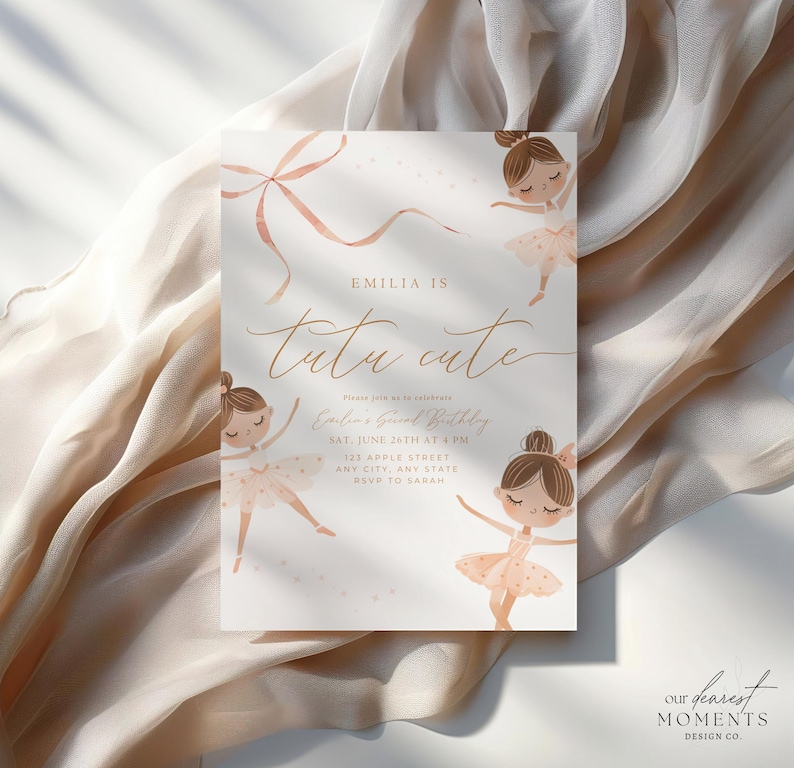 May include: A party invitation with the text "Emilia is tutu cute" in elegant script. The invitation features illustrations of ballerinas in pink tutus and a bow. The details include the date, time, and location of the birthday party.