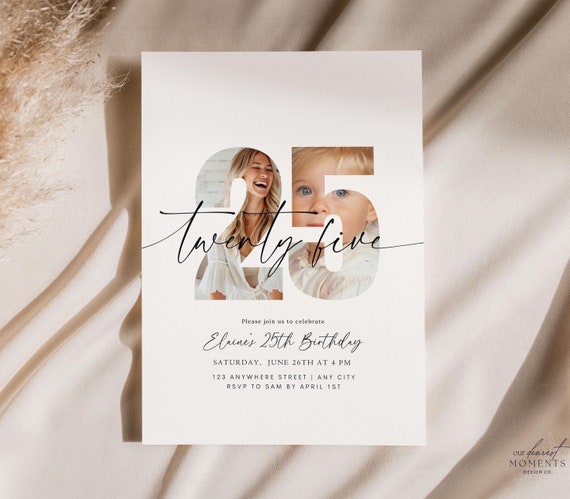 Editable 25th Birthday Invitation 25 th Birthday Invite Template Twenty Five Year Old Birthday Party Minimalist Digital Download Printable