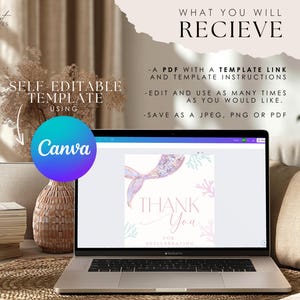 May include: A laptop screen displaying a Canva design template for a mermaid-themed thank you card. The card features a pink and purple mermaid tail with a thank you message and the text "FOR SHELLABRATING".