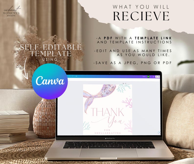 May include: A laptop screen displaying a Canva design template for a mermaid-themed thank you card. The card features a pink and purple mermaid tail with a thank you message and the text "FOR SHELLABRATING".