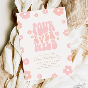 Fourever Wild Birthday Invitation Digital Download Retro Groovy Fourth Birthday Invite 4th Birthday Girl Party Invitation Boho Printable