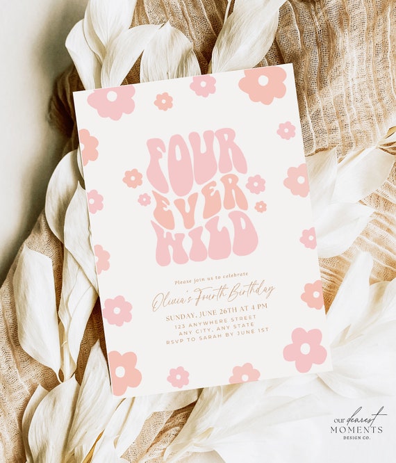 Fourever Wild Birthday Invitation Digital Download Retro Groovy Fourth Birthday Invite 4th Birthday Girl Party Invitation Boho Printable