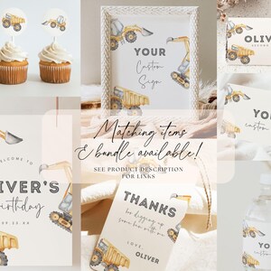 May include: A set of printable party decorations for a construction-themed birthday party. The set includes a welcome sign, a thank you tag, a water bottle label, a cupcake topper, and a sign that says "Your Custom Sign".