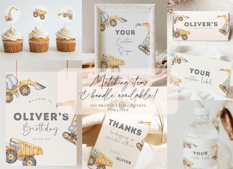 May include: A set of printable party decorations for a construction-themed birthday party. The set includes a welcome sign, a thank you tag, a water bottle label, a cupcake topper, and a sign that says "Your Custom Sign".