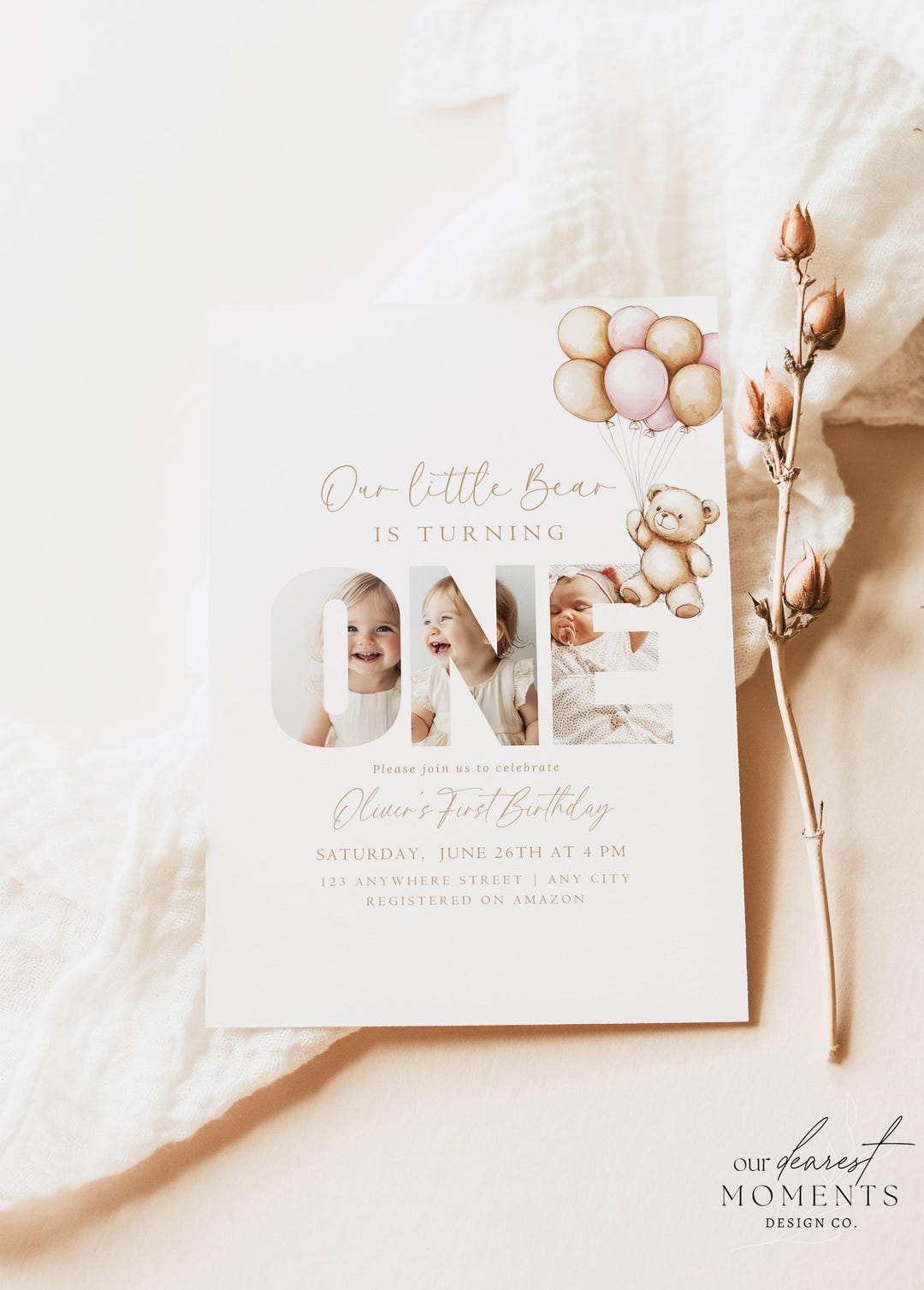 Editable Beary First Birthday Invitation Girl 1st Birthday Teddy Bear ...