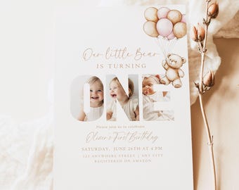 Editable Beary First Birthday Invitation Girl 1st Birthday Teddy Bear Invite 1 st Birthday Party Invite Digital Print Instant Download Photo