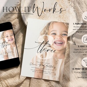 May include: Editable digital birthday invitation template with a photo of a child and the text "Oliver's Third Birthday". The template is designed in a minimalist style with a beige background and black calligraphy.