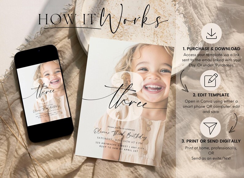 May include: Editable digital birthday invitation template with a photo of a child and the text "Oliver's Third Birthday". The template is designed in a minimalist style with a beige background and black calligraphy.