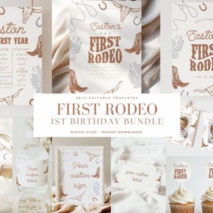 May include: A collection of digital printable templates for a "First Rodeo" themed 1st birthday party. Includes signs, cupcake toppers, labels, and a "My First Year" milestone chart. Features cowboy boots, cacti, and steer skulls.