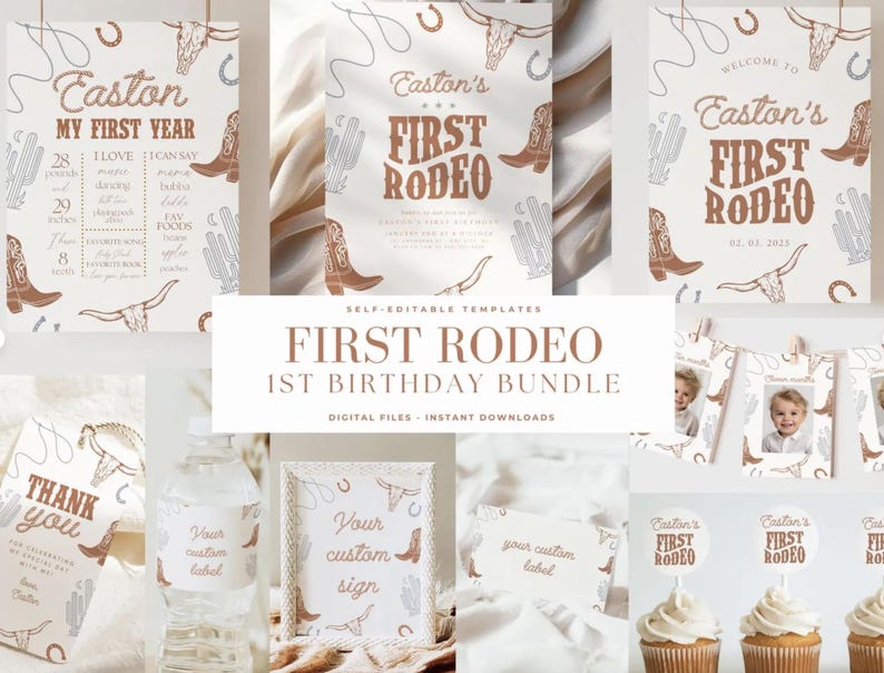 May include: A collection of digital printable templates for a "First Rodeo" themed 1st birthday party. Includes signs, cupcake toppers, labels, and a "My First Year" milestone chart. Features cowboy boots, cacti, and steer skulls.