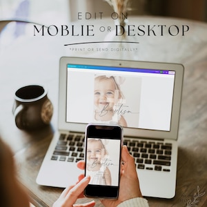 May include: A laptop and smartphone displaying a baptism invitation. The invitation features a smiling baby with a bow, the word "Baptism" in script, and the text "Edit on Mobile or Desktop". The invitation can be printed or sent digitally.