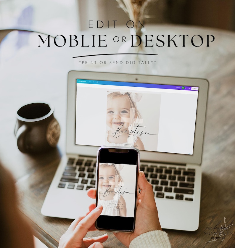 May include: A laptop and smartphone displaying a baptism invitation. The invitation features a smiling baby with a bow, the word "Baptism" in script, and the text "Edit on Mobile or Desktop". The invitation can be printed or sent digitally.