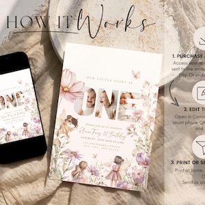 Może przedstawiać: Zaproszenie urodzinowe z kwiatowym wzorem i napisem "ONE". Zaproszenie zawiera zdjęcia i tekst "Our Little Fairy Is". Smartfon wyświetla pasujące zaproszenie. U g&oacute;ry widnieje napis "How It Works".