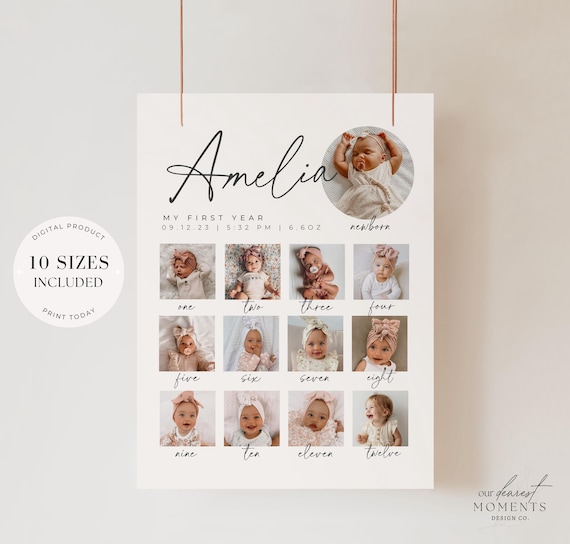 Editable Milestone Birthday Sign Printable Baby's First Year Poster Template Baby 1st Birthday Growth Board 1 st Birthday Photo Collage Sign