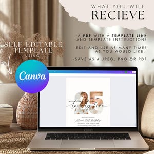 Puede incluir: Una plantilla digital para una invitaci&oacute;n de cumplea&ntilde;os con una foto de una persona sosteniendo el n&uacute;mero 25. La plantilla est&aacute; dise&ntilde;ada en Canva y se puede editar y guardar como JPEG, PNG o PDF.