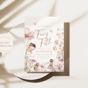 May include: A printable invitation for a fairy-themed fifth birthday party. The invitation features a whimsical illustration of fairies in a garden with flowers and butterflies. The text on the invitation reads "It's Olivia's Fairy Fifth".