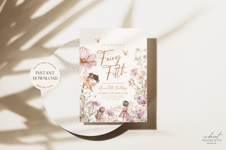 May include: A printable invitation for a fairy-themed fifth birthday party. The invitation features a whimsical illustration of fairies in a garden with flowers and butterflies. The text on the invitation reads "It's Olivia's Fairy Fifth".