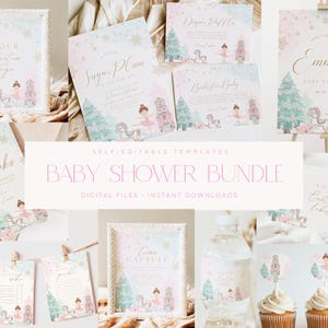 Op de afbeelding: Een baby shower bundel met diverse printbare sjablonen met een balletthema. Ontwerpen omvatten uitnodigingen, borden en labels met illustraties van ballerina's, notenkrakers en schommelpaarden in zachte pastelkleuren. De tekst "Baby Shower Bundle" is ook zichtbaar.