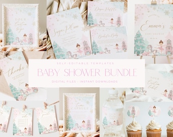 Editable Nutcracker Ballet Baby Shower Bundle Winter Baby Shower Invite Boho Christmas Digital Download Printable Sugar Plum Package Suite