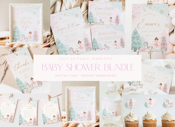 Editable Nutcracker Ballet Baby Shower Bundle Winter Baby Shower Invite Boho Christmas Digital Download Printable Sugar Plum Package Suite