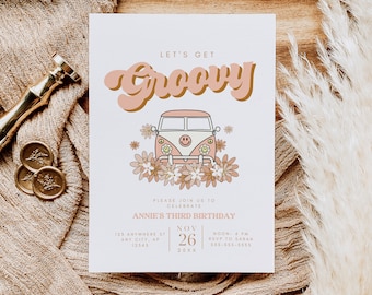 Groovy Birthday Invite Kids Party Invitation Boho Minimalist Neutral Pretty Canva Template Instant Download Printable Boho Party Invite