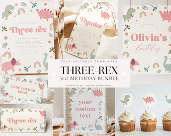 Editable Three Rex Birthday Bundle Girl Dinosaur Birthday Package Three-Rex Birthday Third Birthday Bundle Boho Printable Instant Download